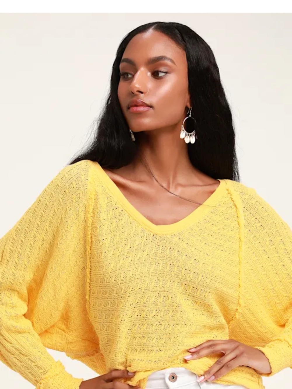 NWT Free People Sunny Yellow V-Neck Knit Sweater size Small, fits oversized.